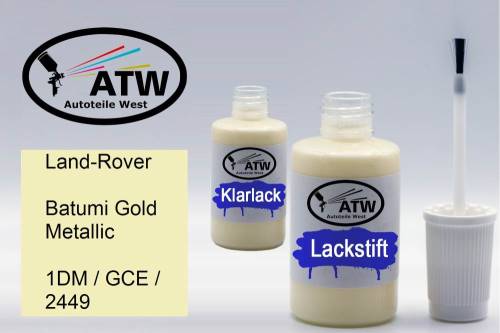 Land-Rover, Batumi Gold Metallic, 1DM / GCE / 2449: 20ml Lackstift + 20ml Klarlack - Set, von ATW Autoteile West.